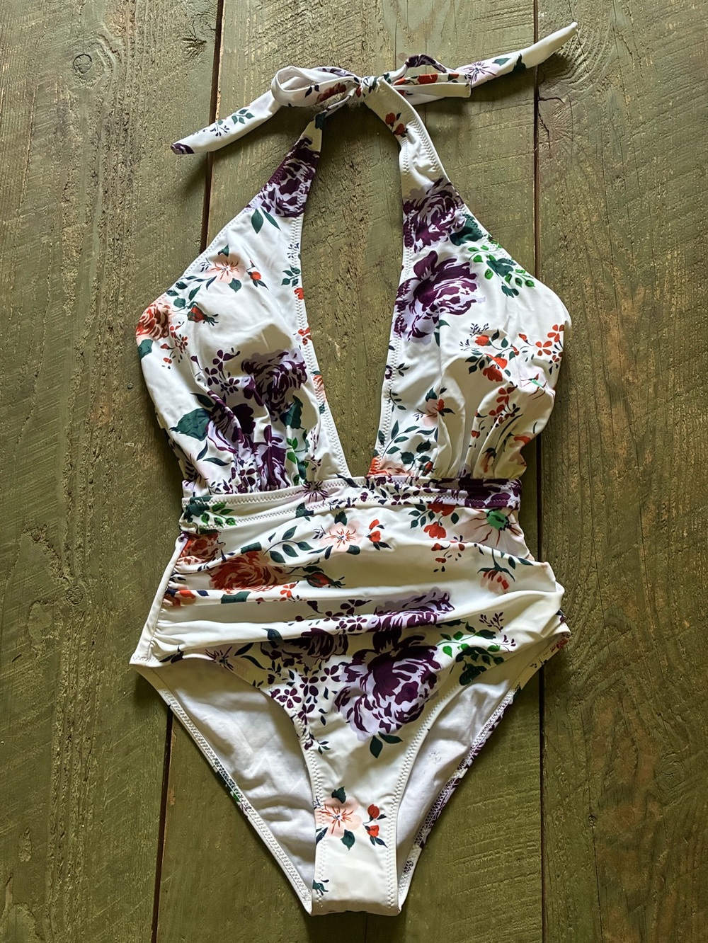 *NWT* White Floral Halter One-Piece Swimsuit with Purple & Green Accents